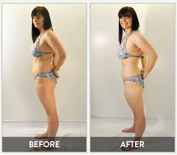 A real client's before and after photo, demonstrating the effectiveness of the Oceanbeach Oxygen body contouring slim wrap for fat loss and a more sculpted waist.