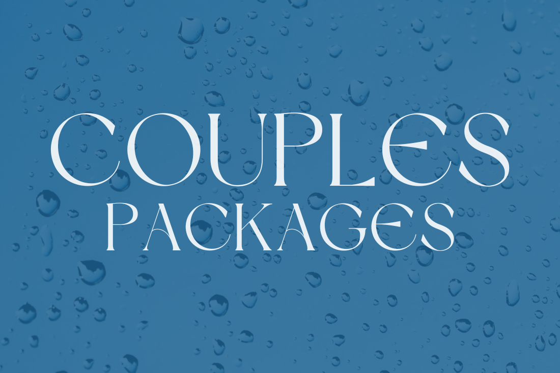 A blue background with water droplets and the text "COUPLES PACKAGES" in white. The image promotes couples' wellness packages at Ocean Beach, which include Oxygen, Hocatt, and PEMF therapies.