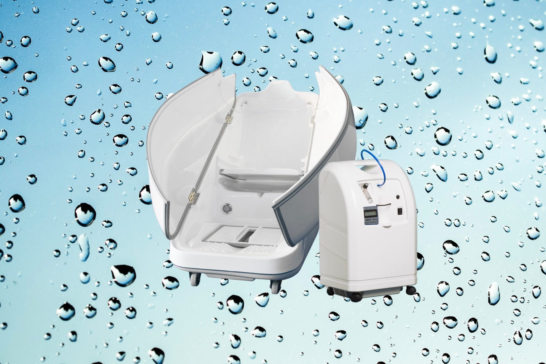 A HOCATT ozone sauna unit and oxygen concentrator against a backdrop of water droplets, highlighting the core technology behind the detoxifying and rejuvenating treatments offered at Oceanbeach Oxygen in Mount Maunganui.