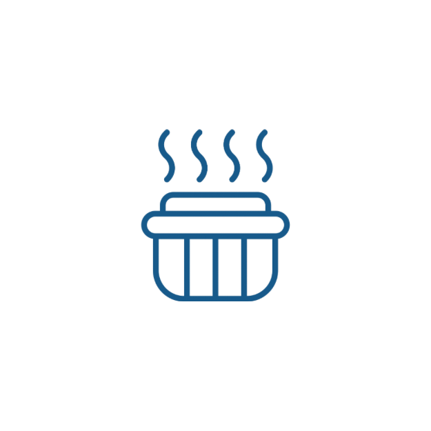 Simple line art icon of a sauna bench with rising wavy lines indicating steam.